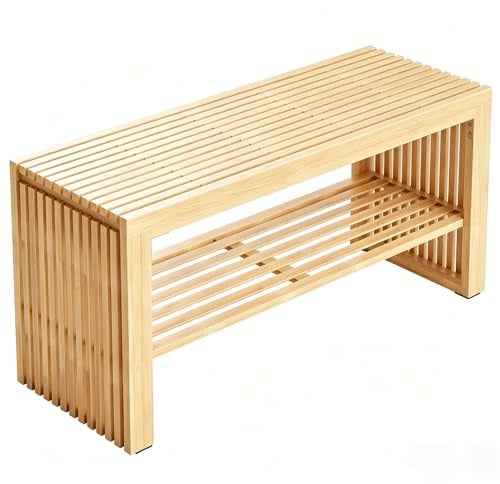 HEYZOEY Bambus Schuhbank mit Schuhablage, Sitzbank für Flur, 90×33×43 cm | Rutschfest & bis 250 kg belastbar – Schuhregal mit Sitzfläche für Eingangsbereich, Schlafzimmer und Badezimmer, Bambus-Natur