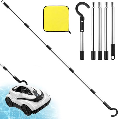 Set Barra con Gancho Robot Piscina 183 cm, 5 Secciones | Barra de Acero Inoxidable con Paño para Acercar y Extraer Dispositivos del Agua