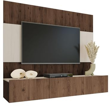 Mirjan24 Wohnwand Deromi (Eiche Okapi + Travertin, ohne Hängeregal) | Kompakte Hängewohnwand mit TV-Paneel, TV-Lowboard mit 3 Innenfächern, Push-to-open-System und Gasdruckfedern