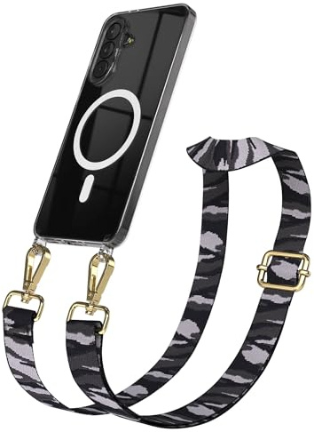 EAZY CASE Handykette - Verstellbares Taschenband kompatibel mit Galaxy A37, Schulterriemen, Handykordel mit Silikon Hülle, Qi Charging kompatibel, Umhängetasche, Grau Camouflage Gold