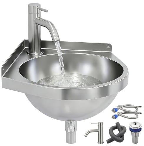 Lavabo angolare in acciaio inox con rubinetto | per camper, lavandino triangolare, montaggio a parete, per bagno, camper, barca, WC, garage
