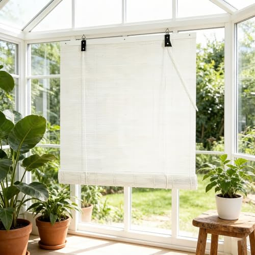70x90cm Store en Bambou Blanc Tissé Main Rideau d'Intimité Naturel Sichtschutz pour Fenêtre Véranda, Balcon, Terrasse - Filtre à Lumière Douce, Personnalisable en Taille