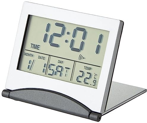TFA Dostmann Digitaler Reisewecker, 98.1054, multifunktional, Timer und Stoppuhr, Datum, Wochentag und Temperatur, Silber