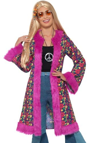 Smiffys 60s Psychedelic Hippie Coat, Pink with Fur Trim, 1960's Groovy Fancy Dress, 1960s Dress Up Costumes