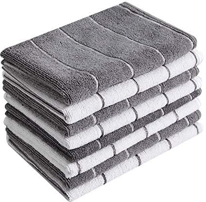 Toallas de cocina de microfibra Hyer Kitchen, 8 unidades, diseño de rayas (colores a juego), suaves, súper absorbentes y sin pelusas, 26 x 18 pulgadas, gris y camel (gris)