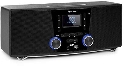 auna Stockton Micro Stereosystem - 20W max. (2X 5W RMS), DAB+, UKW-Radiotuner, RDS-Funktion, CD-Player, Bluetooth, USB-Port, AUX-IN, OLED Display, X-Bass, EQ, Timer, Weckfunktion, schwarz