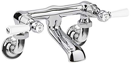 Old London BC303DLWM Topaz | Traditional Bathroom Wall Mounted Bath Filler with Lever Handles and Domed Collars, 142mm x 338mm, Chrome/White