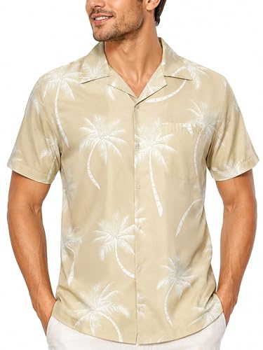 King Kameha Funky-Hawaii-Hemd, Herren, Kurzarm, Palm-Shadow, Beige, 4XL