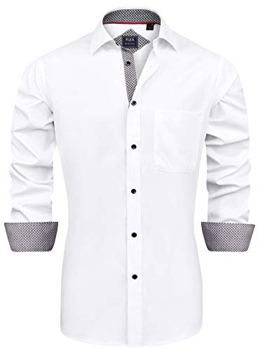 J.VER Herren Hemd Regular Fit Langarm Herrenhemden Freizeithemd Regular Businesshemd Elastiscer Musterhemd,Weiß Schwarz,XL