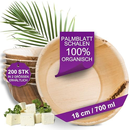 Waipur Bols en Feuilles de Palmier - 200 pcs. Grands de 18 cm / 700 ml - Vaisselle Jetable Naturelle et Élégante - Chic, Résistante et au Design Unique - Saladier pour Buffet - comme le Bambou