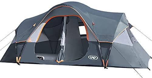 UNP Camping Tent 10-Person-Family Tents, Parties, Music Festival Tent, Big, Easy Up, 5 Large Mesh Windows, Double Layer, 2 Room, Waterproof, Weather Resistant, 18ft x 9ft x78in (Gray)