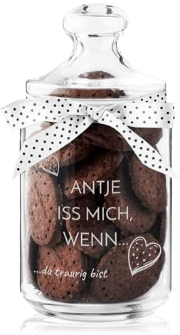 Maverton Keksglas mit Gravur - Glasbehälter mit Deckel - Bonbonglas mit eleganter Schleife - Vorratsglas personalisiert - Geschenk für Naschkatze & Hobbybäckerin Frauen - Herz