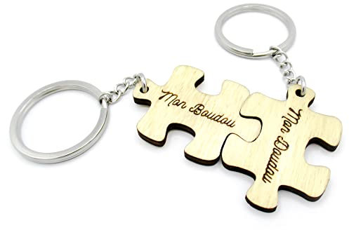 Lot de 2 porte-clés en bois personnalisés message gravé pièces de puzzle, cadeau Saint-Valentin, mariage, amitié (Écriture 2 : Script)
