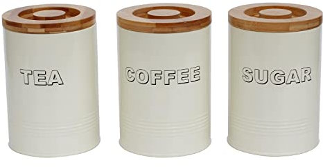 3PC Tea, Sugar & Coffee Canister Set - Antique Cream Cylindrical Shaped Metal Storage Canisters Jars with Lids.