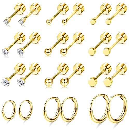 Morfetto 12 Paar Ohrringe Gold Set, Ohrstecker Chirurgenstahl 14K Vergoldet,Hypoallergene Helix Piercings Ohrstecker,Tragus Knorpel Medizinische Ohrpiercing Ohrringe für Damen Herren Golden