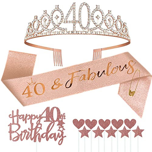 40 Anni Compleanno Corona Fuscia Oro Rosa Compleanno Crown Coroncina Diadema Fusciacca Cake Topper Decorazioni Regalo di Compleanno Donna