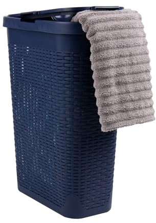 Mind Reader Schmaler Wäschekorb mit Deckel, 40L Wäschekorb, Premium Weiden-Design, Kunststoff, Navy