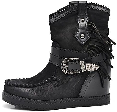 IF Fashion Scarpe Stivali Stivaletti Indianini da Donna Zeppa Interna Frange Fibbia 9651 Nero N.40