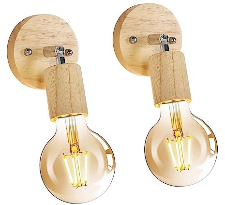 Tealight 2 Stück Wandleuchte Innen Vintage, 350° Drehbar Wandlampe Holz, Industrial Retro Wandbeleuchtung E27 für Schlafzimmer Wohnzimmer Korridor Treppe Restaurant (Ohne Leuchtmittel)