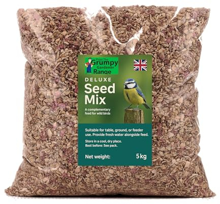 Grumpy Gardener Bird Seed - Deluxe Wild Bird Food, 5 Kg | No Waste High Energy Wild Bird Seed Mix with Sunflower, Oats, Nuts, Dates, Millet and Mealworms for Garden Feeding