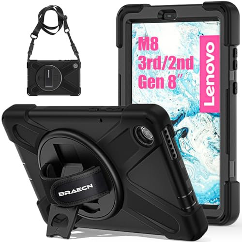 BRAECN Custodia per Lenovo Tab M8 HD 3rd/2nd Gen 8 Pollici 2022/2019 TB-8506F/TB-8505X/TB-8505F, Antiurto Robusto Cover con Supporto Girevole a 360° e Cinturino a Mano, Tracolla Portatile, Nero