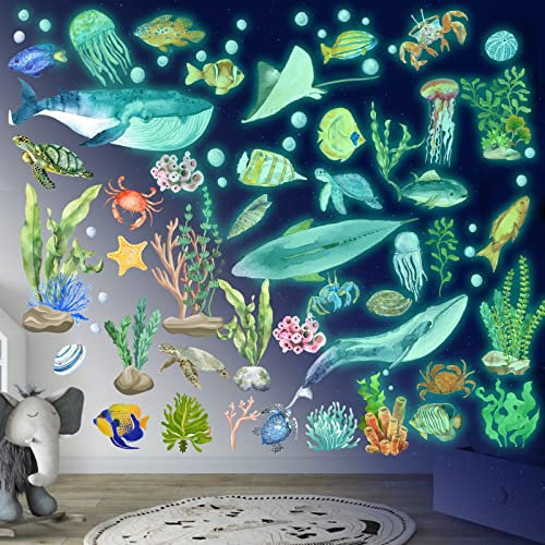 Meerestiere Wandtattoo Leuchtend Wandsticker Leuchtaufkleber Ozean Fluoreszierend Wandaufkleber Aufkleber Unterwasserwelt Meereswelt Leuchtaufkleber Für Kinderzimmer Dekorative Aufkleber