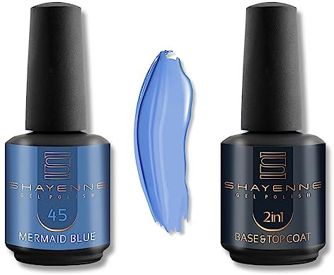Shayenne 2er Set UV Gel Nagellack 45 Mermaid Blue Blau 15ml + 2in1 Base Coat und Top Coat 15 ml UV LED Lampe Unterlack mit Überlack Nagel Lack Gellack Nagelgel Shellac (30 ml)