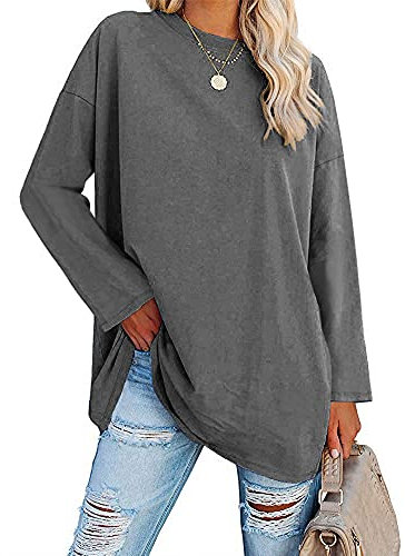 Ebifin Oversize Langarmshirt Damen Longshirt Rundhalsausschnitt Oberteil Langarm T Shirts Pullover Basic Tunika Tee Tops.Dunkelgrau.L