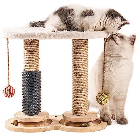EWOOFUN - Juguetes interactivos giratorios de 4 capas para gatos, rodillo de juguetes para gatos de interior con rascador de sisal, juguetes interactivos con bolas (blanco)