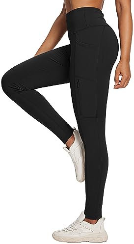 baleaf Damen Fleece gefütterte Leggings Wasserabweisend Hohe Taille Wanderleggings Thermo Leggings Fahrradhose Laufhose mit Reißverschlusstaschen Schwarz S