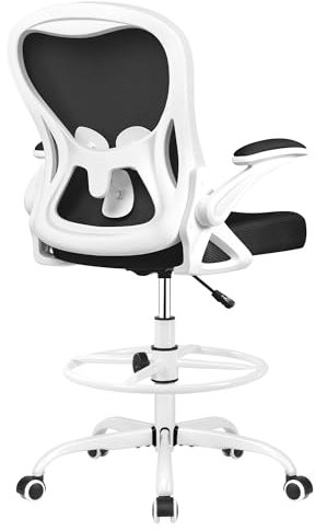 Winrise Zeichenstuhl, hoher Bürostuhl, ergonomischer Stehstuhl, Schreibtischstuhl, Lendenwirbelstütze, Computerstuhl, Drehstuhl mit verstellbaren hochklappbaren Armlehnen und Fußring, Weiß