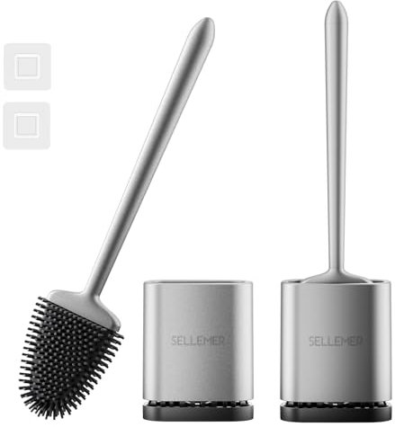 Sellemer 2 Pack Silicone Toilet Brush with Holder: Wall/Floor Mounted WC Brush, with Quick-Drying Holder, Flexible Silicon Scrubber for Toilet (Silver)