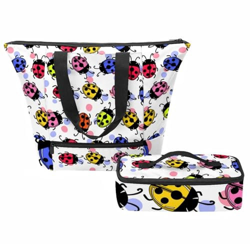 VAPOKF Bunte Marienkäfer Polka Dots Handtaschen für Frauen, Tote Umhängetasche mit isoliertem Lunch-Taschenset, Griff oben Schulterhandtaschen mit Reißverschluss, multi, Einheitsgröße