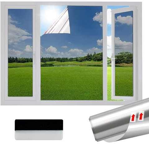 Samheito Window Film Privacy 50 × 400 cm One Way Mirror Film Self-Adhesive Reflective Window Film Anti Glare Privacy Film for Glass Windows Bathroom Window Tint Film UV Blocking for Home Office Silver