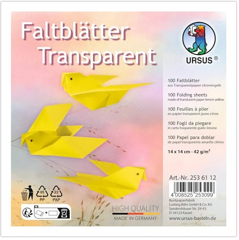 Ursus 2536112 - Faltblätter Transparent Citronengelb, 42 g/m², 100 Faltblätter 14 x 14 cm, durchgefärbt