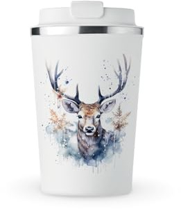 MAXIKIWI Isolierter doppelwandiger, auslaufsicherer Edelstahlbecher, Kaffee- oder Tee-Reisebecher mit Deckel, hält Getränke heiß und kalt, Winterhirsch im Schnee, Aquarell, 350 ml