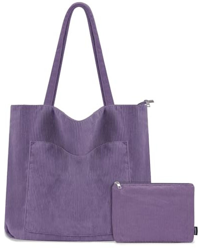 GASSDA Tote Bag Grand sac à main en velours côtelé pour femme avec sacs cosmétiques pour le shopping, le travail, les voyages et l'école, Violet, 45 x 10,5 x 40 cm