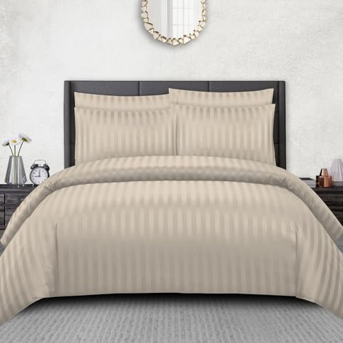 Pamposh Satinée Rayure Couette Couverture Ensembles - Prime Hôtel Qualité Édredon Couverture Literie Ensembles - Hypoallergénique Ultra Doux Microfibre Lit Lin, Super Roi (220 x 260 cm)