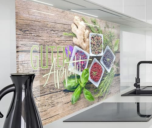 timalo Spritzschutz Wand für Herd, Küche Küchenrückwand Glasoptik | Acryl Glas 2mm | Glasrückwand Acrylglas Wandpaneele Rückwandschutz Platte | 60x40cm Gewürze Guten Appetit Pfeffer