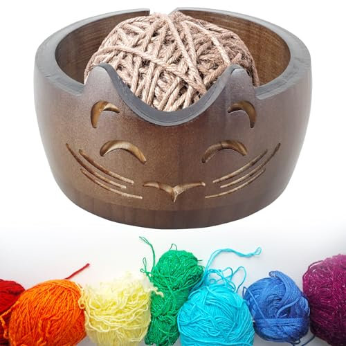 Littleduckling Wooden Yarn Bowl Crochet Bowl Yarn Storage with Holes Pine Wood Yarn Holder Bowl Crochet Gifts Knitting Gifts Portable Wool Bowl Cute Cat Knitting Yarn Bowls for DIY Knitting Crafts