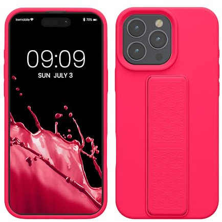 kwmobile Case Compatible with Apple iPhone 16 Pro Max - Case with Hand Strap and Stand Soft TPU Silicone Coating - Neon Pink