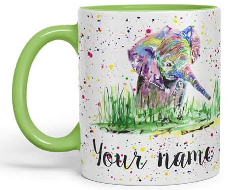 Vixar Personalised Mug with Your Text Name Elephant Baby Animals Watercolour Art Coloured Ceramic Mug Cup Gift 330ml 11oz Custom Work Office Tea Coffee (L Green)