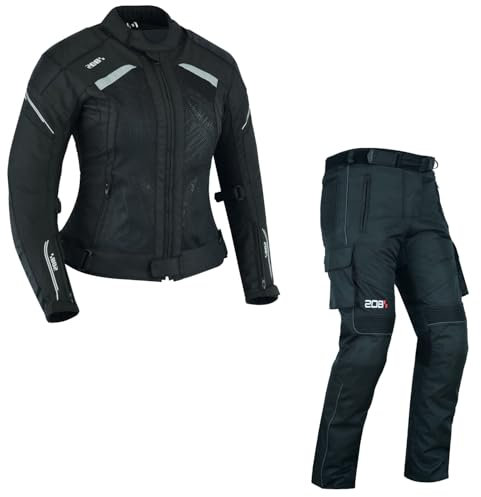 Damen Motorrad Textil kombi Damen Motorrad JAcke und Hose Motorrad Touring Kombi Damen Motorradkombi 2-teiliges Set mit Protektoren Motorradhose & Motorradjake Wasserdicht Reflektierend (BLACK, L)