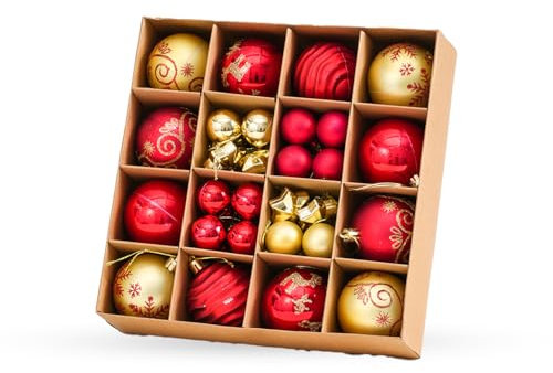Christmas Tree Decorations Baubles 44 Pcs – Hanging Ball Ornaments Sets – Shatterproof 3 & 6cm Plastic Balls for Festive Holiday – Ideal for Home, Trees, Weddings, and Party Decor (Red & Gold)