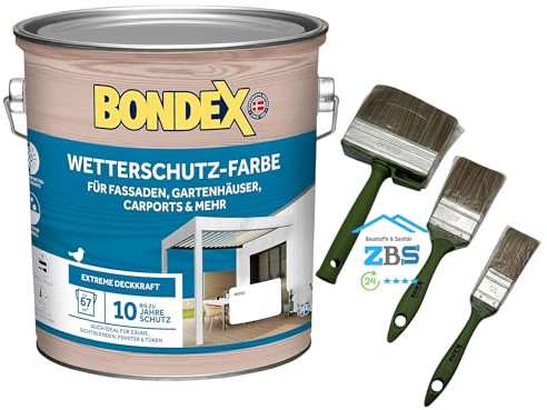 zbs24 Bondex Wetterschutzfarbe für Außen, atmungsaktiv, bis zu 10 Jahre Wetterschutz, extreme Deckkraft, einfache Verarbeitung, für Holz, inkl. 3-teiliges Pinselset (weiss, 7,5 Liters)