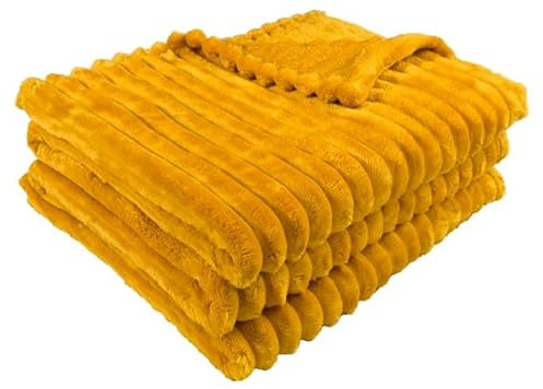 oceanevo Ribbed Cord Chunky Throw Fluffy Fleece Faux Fur Velvet Toch Plush Cozy Soft Blanket For Sofa Bed Settee Couch Chair (Ochre, King- 200 X 240cm)