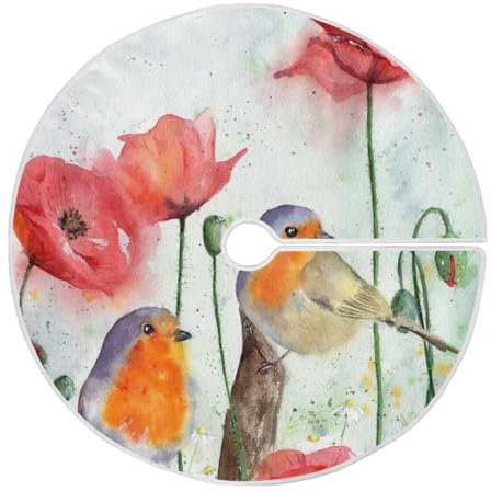 Christmas Tree Skirt European Robins Bird Red Poppies Xmas Tree Ornaments Christmas Tree Mat for Decorations Holiday Party 90cm