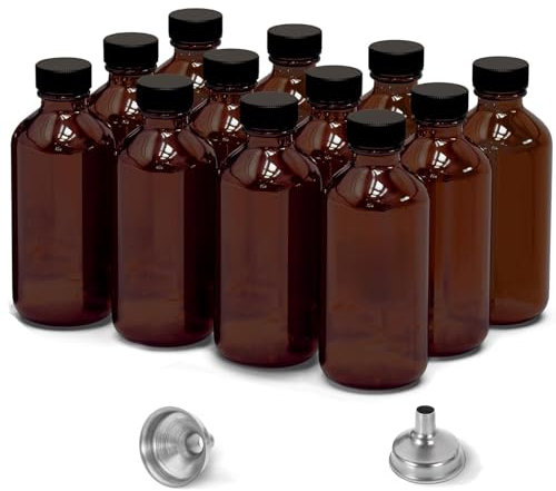 Lot de 12 bouteilles en verre ambré de 60 ml pour extrait de vanille, bocaux ronds en verre marron anti-fuite avec capuchons, entonnoir bonus – Idéal pour les extraits faits maison, les huiles