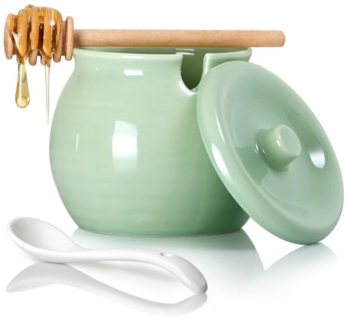 NUTRIUPS 8OZ Ceramic Honey Jar, Green Ceramic Honey Pot with Dipper & Scoop, Bee-Themed Storage Pot with Round Handle, Pantry & Kitchen Decor(noble green)