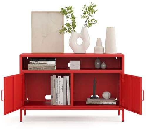 furni24 Metall TV-Schrank – Retro TV Lowboard – Möbel mit Türen und verstellbaren Ablagen – Leicht zu reinigen – Robuste und stilvolle Aufbewahrungslösung für das Wohnzimmer- mit 4 Regalen, Rot